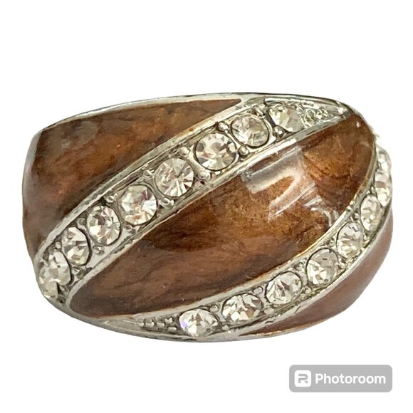 Vintage Brown Enamel Cocktail Ring Silver Plated Crystal Rhinestone Sz 7 9 Boho - Picture 1 of 8